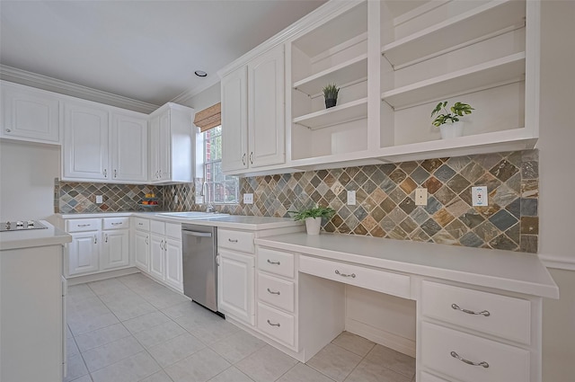 1902 Rosebay Ct, Sugar Land, TX 77479 - kitchen featuring stainless steel dishwasher, open shelves, light tile patterned flooring, and white cabinets