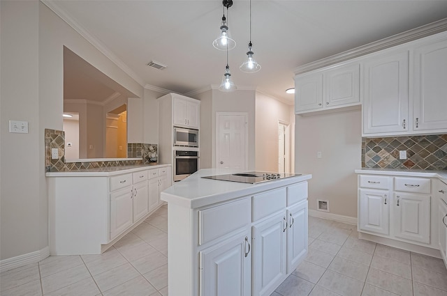 1902 Rosebay Ct, Sugar Land, TX 77479 - kitchen featuring appliances with stainless steel finishes, decorative backsplash, light tile patterned flooring, white cabinets, and ornamental molding