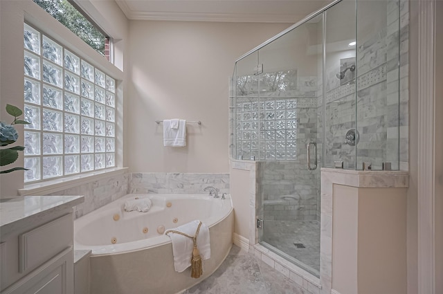 1902 Rosebay Ct, Sugar Land, TX 77479 - full bathroom with a tub with jets, healthy amount of natural light, a shower stall, marble finish flooring, and ornamental molding
