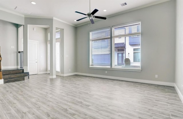 8907 Spring Knoll Forest Dr, Houston, TX 77080 - unfurnished living room with light wood-type flooring, crown molding, a ceiling fan, recessed lighting, and stairway