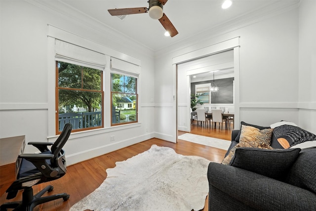 829 Ralfallen St, Houston, TX 77008 - office space with crown molding, wood finished floors, ceiling fan, a chandelier, and recessed lighting