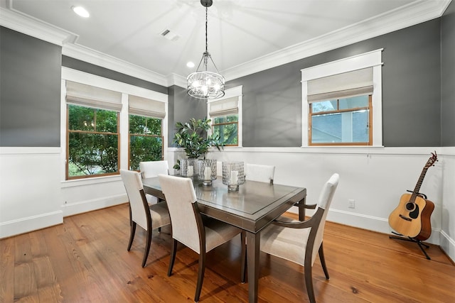 829 Ralfallen St, Houston, TX 77008 - dining space featuring a chandelier, ornamental molding, wood finished floors, and recessed lighting
