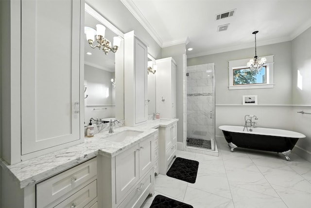 829 Ralfallen St, Houston, TX 77008 - bathroom with a chandelier, marble look tiles, vanity, a shower stall, and ornamental molding