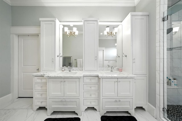 829 Ralfallen St, Houston, TX 77008 - full bathroom with a chandelier, ornamental molding, marble finish flooring, a stall shower, and double vanity