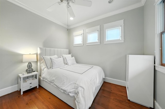 829 Ralfallen St, Houston, TX 77008 - bedroom with multiple windows, crown molding, wood finished floors, recessed lighting, and a ceiling fan
