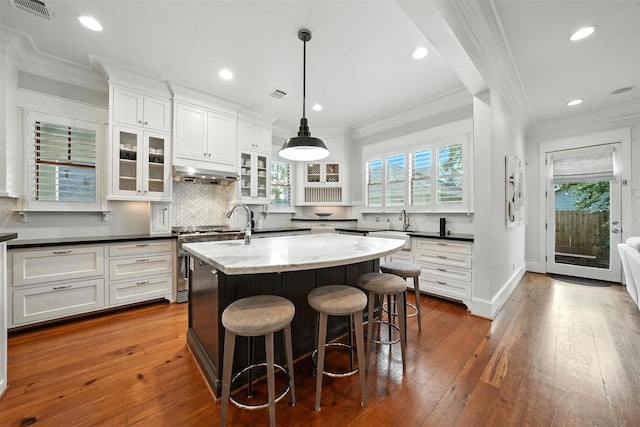 829 Ralfallen St, Houston, TX 77008 - kitchen with high end stainless steel range, under cabinet range hood, an island with sink, white cabinets, and decorative backsplash