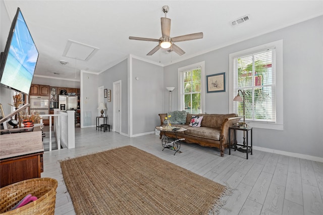 1805 19th St, Galveston, TX 77550 - living area with attic access, crown molding, ceiling fan, and light wood-style flooring