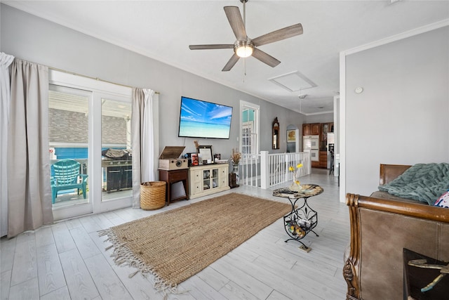 1805 19th St, Galveston, TX 77550 - living room featuring attic access, a ceiling fan, healthy amount of natural light, wood finished floors, and ornamental molding