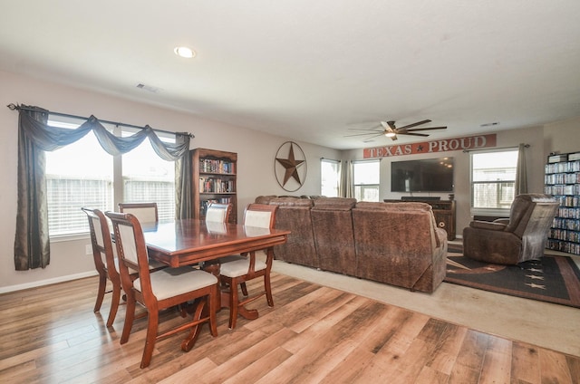 22218 Woodseem Ct, Katy, TX 77449 - dining area featuring light wood-type flooring, ceiling fan, and recessed lighting