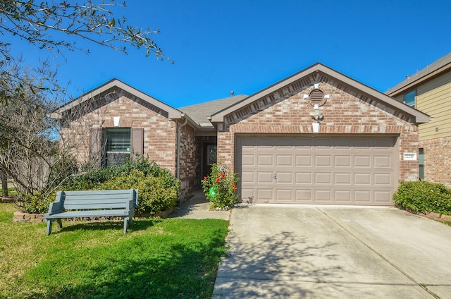 22218 Woodseem Ct, Katy, TX 77449 - ranch-style house with brick siding, an attached garage, concrete driveway, and a front lawn