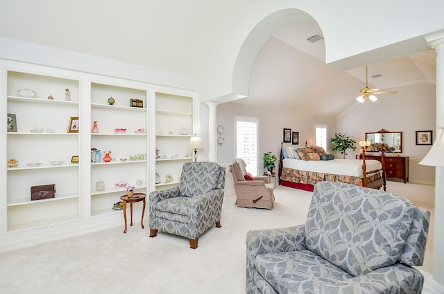 2014 Shadow Forest Dr, Katy, TX 77494 - carpeted bedroom featuring ornate columns, lofted ceiling, and ceiling fan
