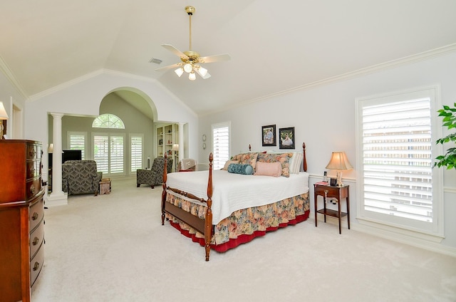2014 Shadow Forest Dr, Katy, TX 77494 - carpeted bedroom featuring ornate columns, vaulted ceiling, ceiling fan, and ornamental molding