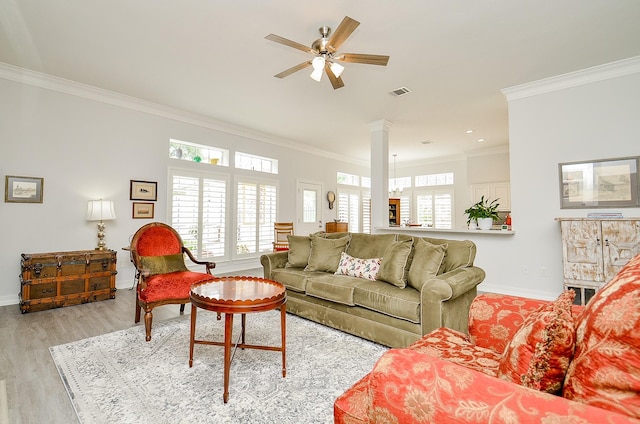 2014 Shadow Forest Dr, Katy, TX 77494 - living area with ornamental molding, light wood-style flooring, a ceiling fan, ornate columns, and recessed lighting