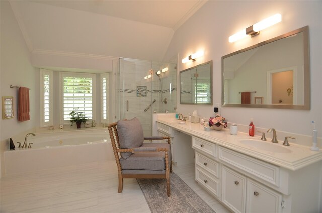 2014 Shadow Forest Dr, Katy, TX 77494 - full bathroom featuring double vanity, a shower stall, vaulted ceiling, a garden tub, and ornamental molding