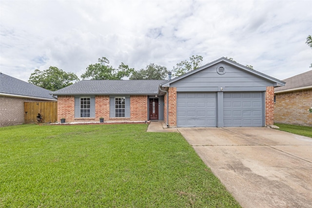 7307 Sunlight Ln, Houston, TX 77095 - ranch-style house with brick siding, concrete driveway, a garage, and a shingled roof