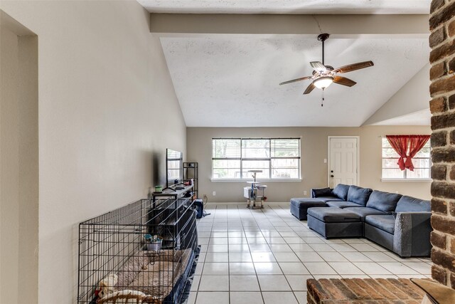 7307 Sunlight Ln, Houston, TX 77095 - living area featuring lofted ceiling, ceiling fan, and light tile patterned floors