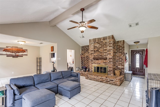 7307 Sunlight Ln, Houston, TX 77095 - living area with a ceiling fan, light tile patterned floors, and a fireplace