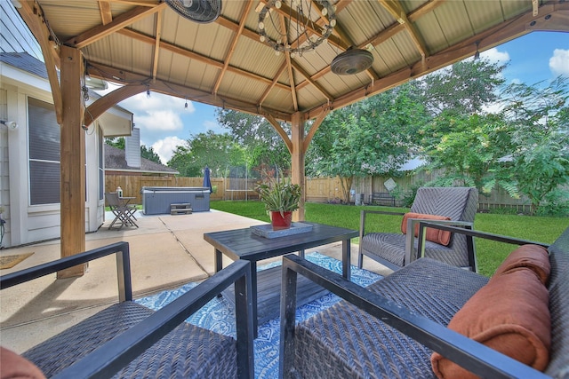 18219 Water Mill Dr, Cypress, TX 77429 - fenced backyard featuring a hot tub, a patio area, and a gazebo