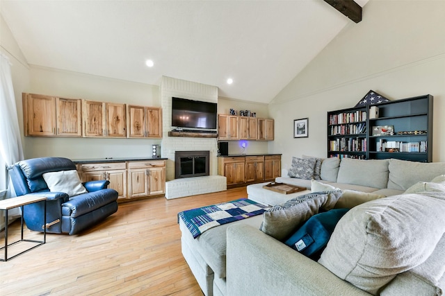 3510 Ledgestone Dr, Houston, TX 77059 - living area with beam ceiling, light wood-style flooring, recessed lighting, high vaulted ceiling, and a fireplace