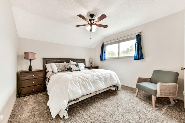 3510 Ledgestone Dr, Houston, TX 77059 - carpeted bedroom featuring vaulted ceiling, a textured ceiling, and a ceiling fan