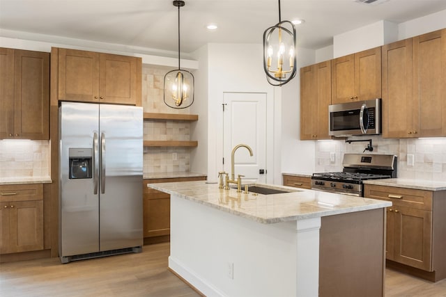 882 Prosper St, Houston, TX 77088 - kitchen with stainless steel appliances, backsplash, a chandelier, light wood finished floors, and recessed lighting