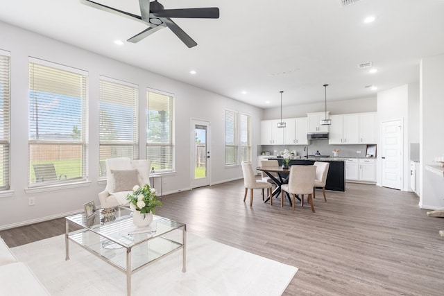 4118 Palmer Meadow Ct, Katy, TX 77494 - living room with a ceiling fan, light wood-style flooring, and recessed lighting