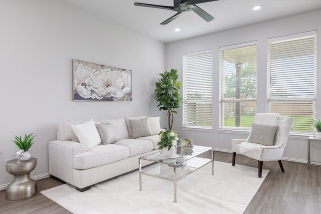 4118 Palmer Meadow Ct, Katy, TX 77494 - living area with wood finished floors, a ceiling fan, and recessed lighting