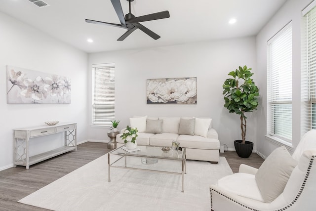 4118 Palmer Meadow Ct, Katy, TX 77494 - living room with wood finished floors, plenty of natural light, ceiling fan, and recessed lighting
