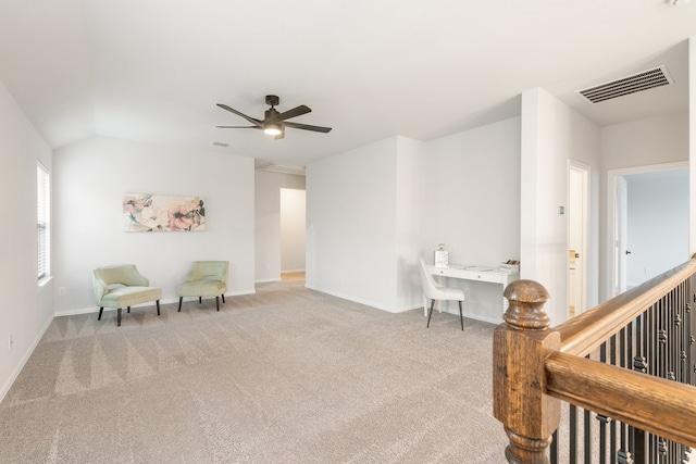 4118 Palmer Meadow Ct, Katy, TX 77494 - living area featuring an office area, carpet, ceiling fan, lofted ceiling, and an upstairs landing
