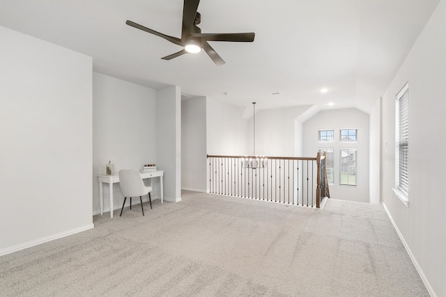 4118 Palmer Meadow Ct, Katy, TX 77494 - carpeted empty room featuring ceiling fan, lofted ceiling, a chandelier, and an office area