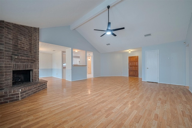 22522 Round Valley Dr, Katy, TX 77450 - unfurnished living room with wood finished floors, beamed ceiling, a ceiling fan, a fireplace, and high vaulted ceiling