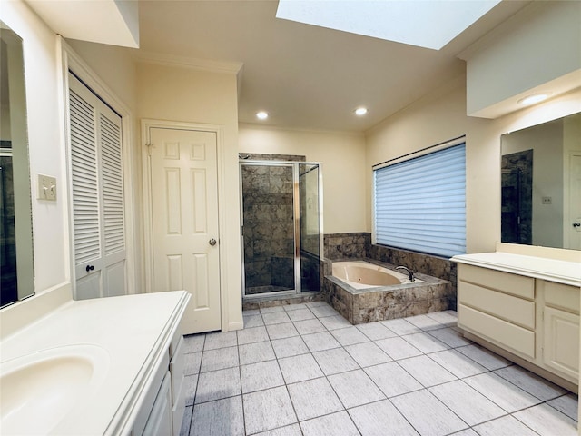 2147 Heather Green Dr, Houston, TX 77062 - full bath with two vanities, a shower stall, a whirlpool tub, recessed lighting, and tile patterned flooring