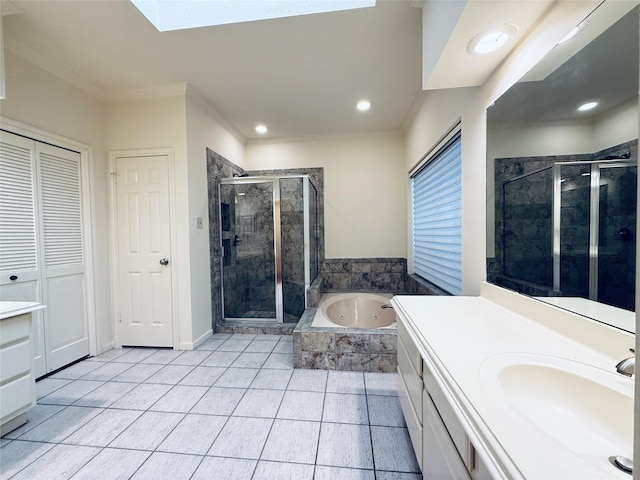 2147 Heather Green Dr, Houston, TX 77062 - bathroom featuring a whirlpool tub, vanity, crown molding, a shower stall, and tile patterned floors