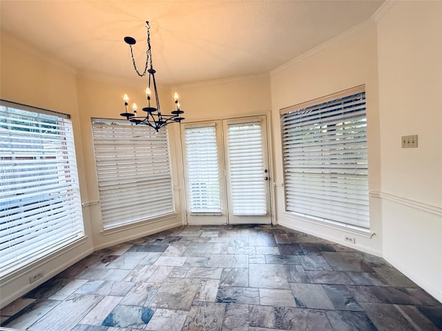 2147 Heather Green Dr, Houston, TX 77062 - unfurnished dining area with a chandelier, healthy amount of natural light, crown molding, and stone tile floors