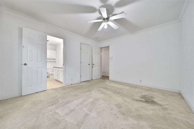 11307 Normeadow Ln, Houston, TX 77076 - unfurnished bedroom featuring light colored carpet, crown molding, ensuite bath, and ceiling fan