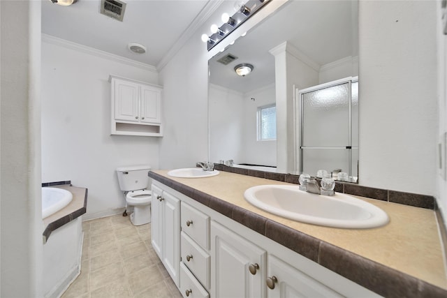 11307 Normeadow Ln, Houston, TX 77076 - full bath with double vanity, a stall shower, crown molding, a bath, and tile patterned flooring