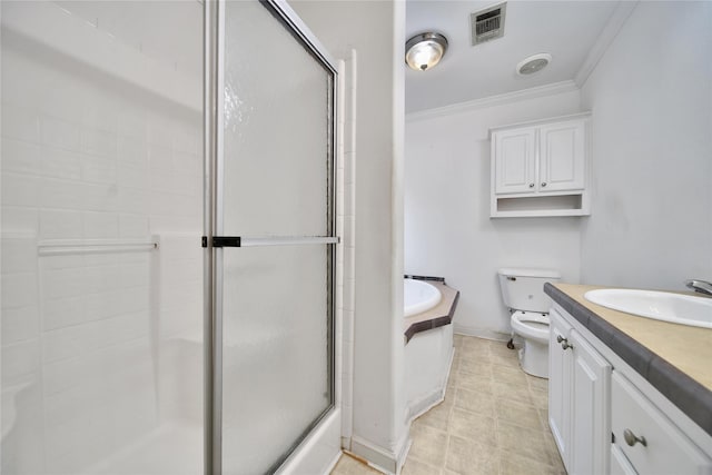 11307 Normeadow Ln, Houston, TX 77076 - bathroom featuring a garden tub, an enclosed shower, vanity, crown molding, and tile patterned flooring
