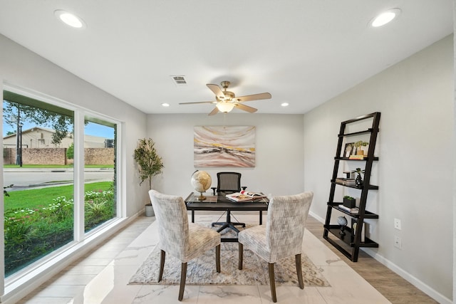 4003 Mischire Dr, Houston, TX 77025 - dining area featuring a desk, ceiling fan, and recessed lighting