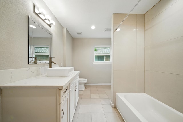 4003 Mischire Dr, Houston, TX 77025 - full bathroom featuring vanity, tile patterned floors, shower / bath combination, and recessed lighting