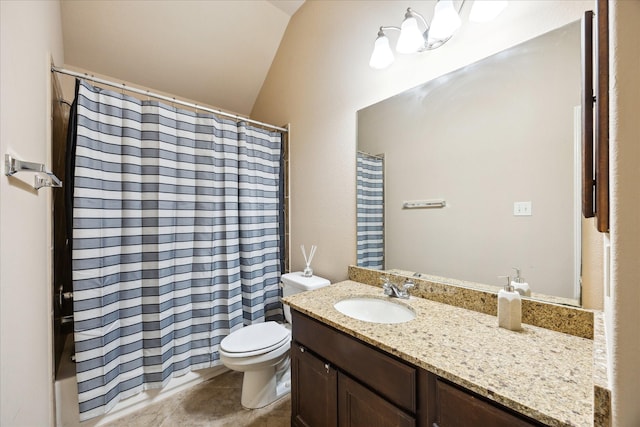 28842 Thornbird Ct, Katy, TX 77494 - bathroom featuring lofted ceiling, vanity, tile patterned floors, and a shower with shower curtain