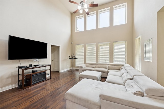 28842 Thornbird Ct, Katy, TX 77494 - living area featuring high vaulted ceiling, dark wood finished floors, and ceiling fan