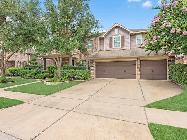 10515 Trinity Springs Dr, Cypress, TX 77433 - craftsman inspired home with driveway, an attached garage, stone siding, a front yard, and brick siding