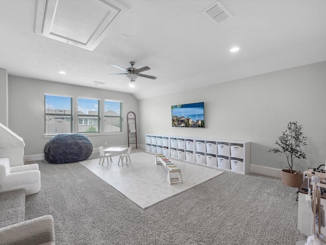 10515 Trinity Springs Dr, Cypress, TX 77433 - living area with a ceiling fan, attic access, recessed lighting, and carpet floors