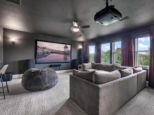10515 Trinity Springs Dr, Cypress, TX 77433 - home theater room with carpet floors, a textured ceiling, and a ceiling fan