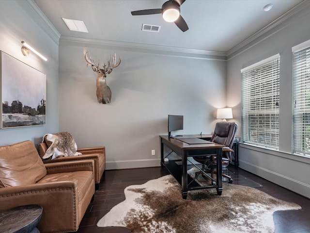 10515 Trinity Springs Dr, Cypress, TX 77433 - office area with ornamental molding, ceiling fan, and plenty of natural light