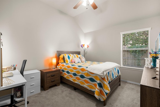 31870 Forest Park Trl, Conroe, TX 77385 - bedroom featuring light carpet, vaulted ceiling, a desk, and a ceiling fan