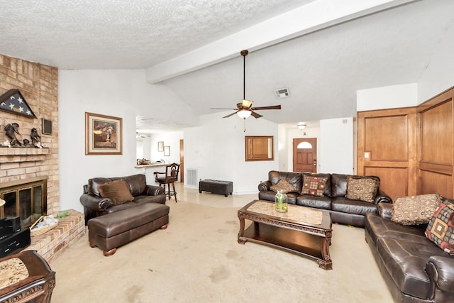 13411 Natasha Ln, Houston, TX 77015 - living area featuring carpet, a brick fireplace, ceiling fan, and a textured ceiling