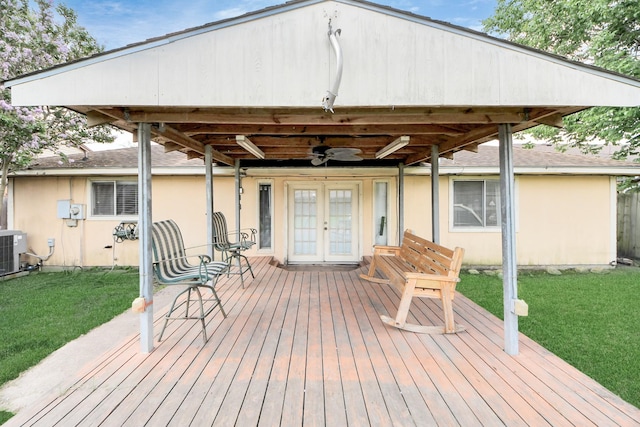 13411 Natasha Ln, Houston, TX 77015 - deck featuring french doors, a yard, and a ceiling fan