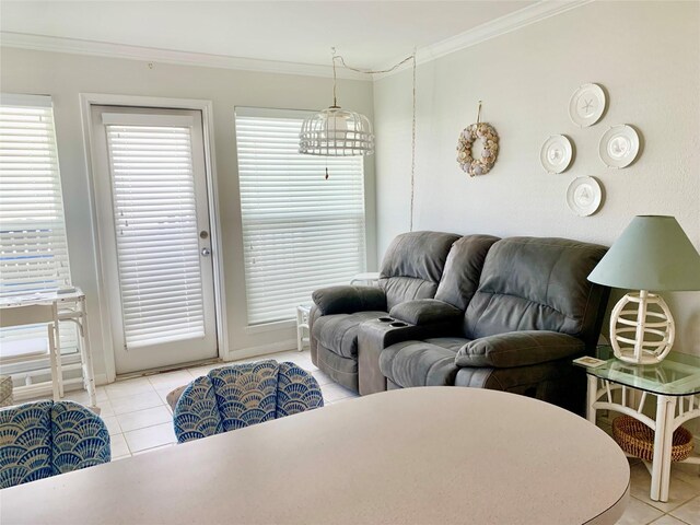 10811 San Luis Pass Rd Unit 1213, Galveston, TX 77554 - living area featuring light tile patterned floors and crown molding