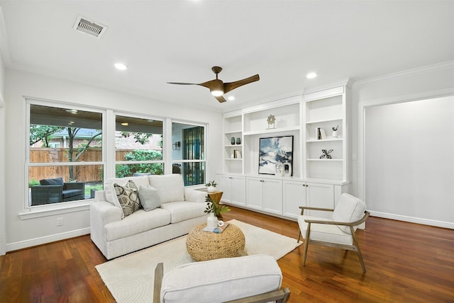 1211 Villmont Ln, Houston, TX 77077 - living area with a ceiling fan, wood finished floors, recessed lighting, and ornamental molding